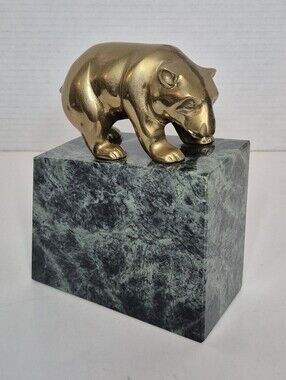 Vintage Gatco Solid Brass Bear on Green Marble Block Bookend NYSE Plaque